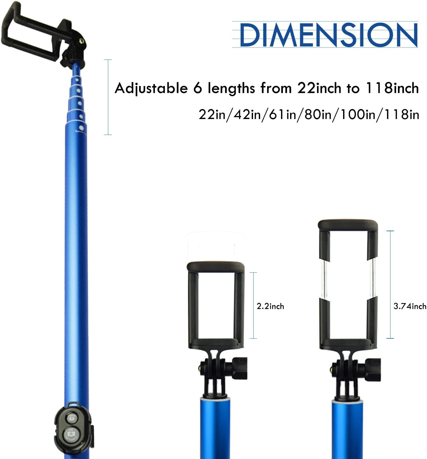 Bluetooth Long Selfie Stick- Super Length Lightweight Extendable Pole to 118''