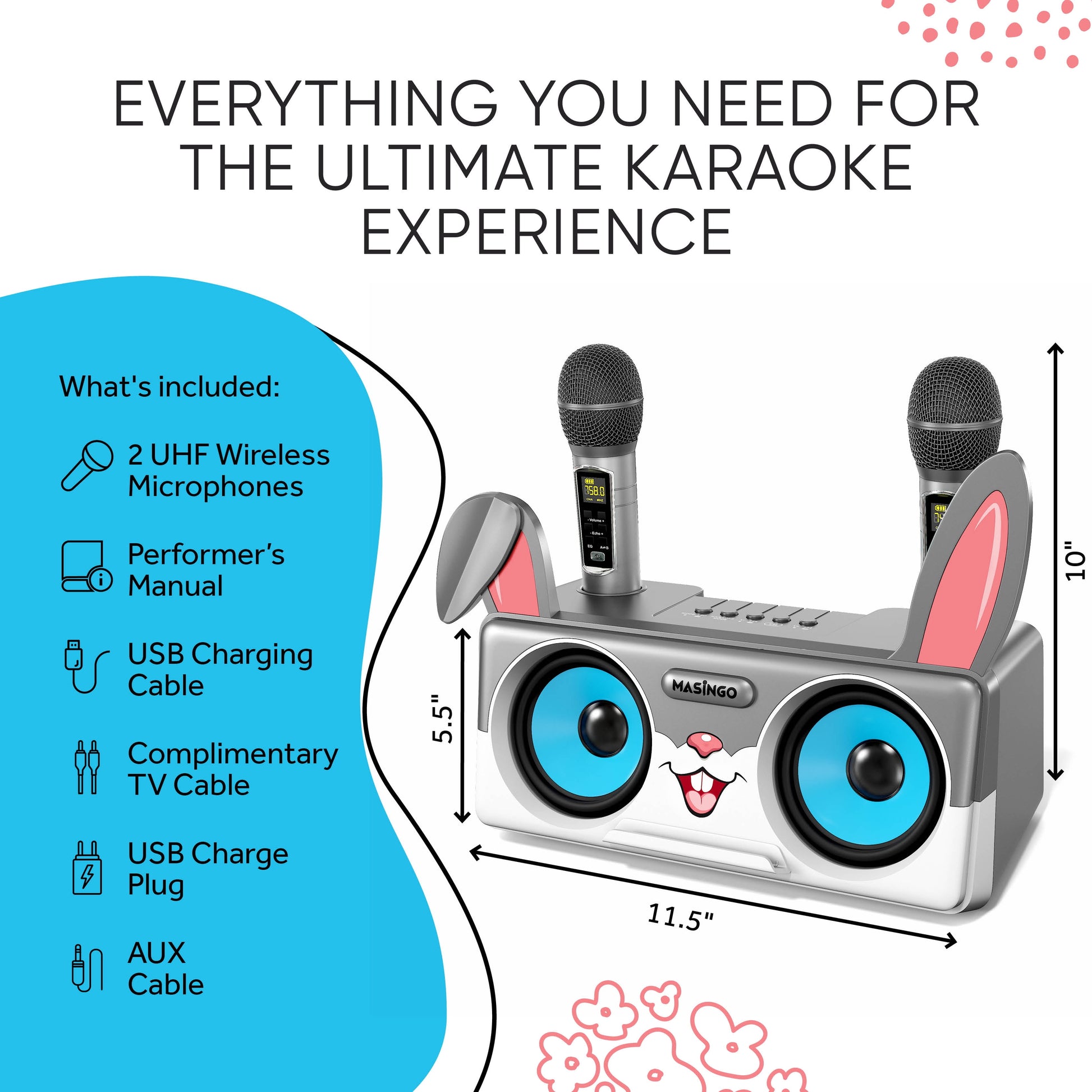 Rabbit Karaoke Machine for Kids, Children and Toddlers with 2 Wireless Bluetooth Microphones, Portable PA Speaker System Includes Lyrics Display Phone Holder, TV Cable and Singer Vocal Removal Mode
