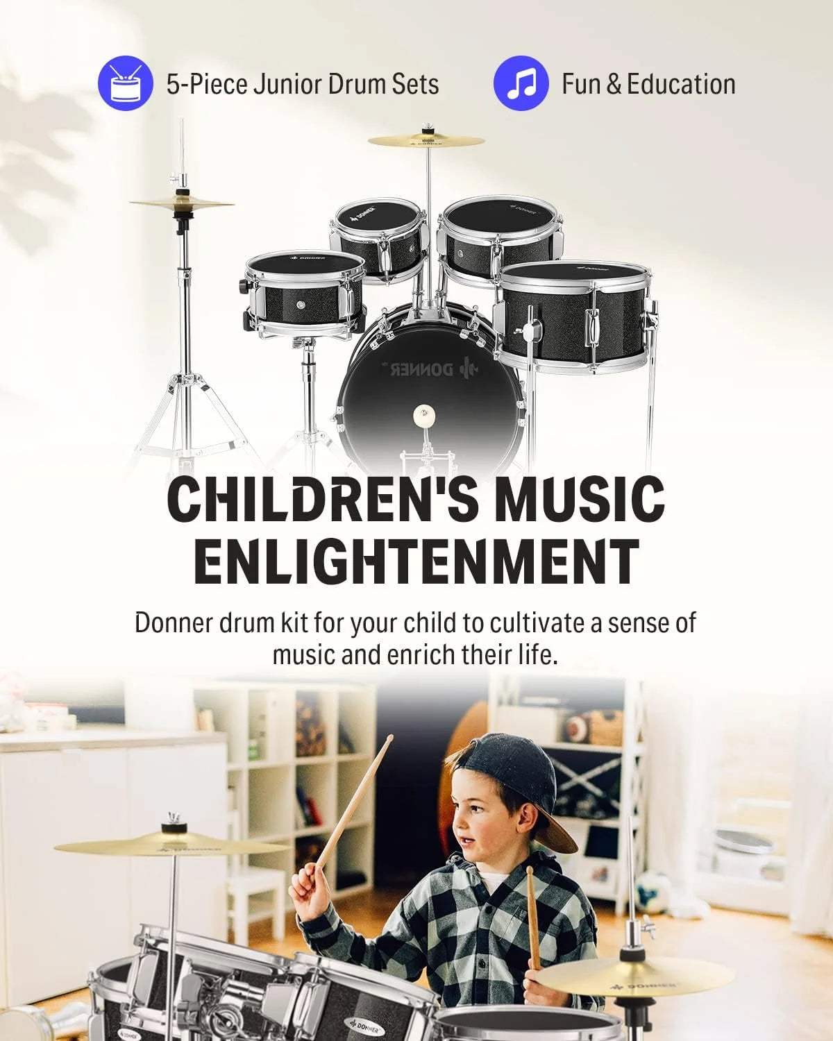 Kids Junior Drum Set for Beginner, 14" 5-Piece Percussion Instrument Practice Learning, Black