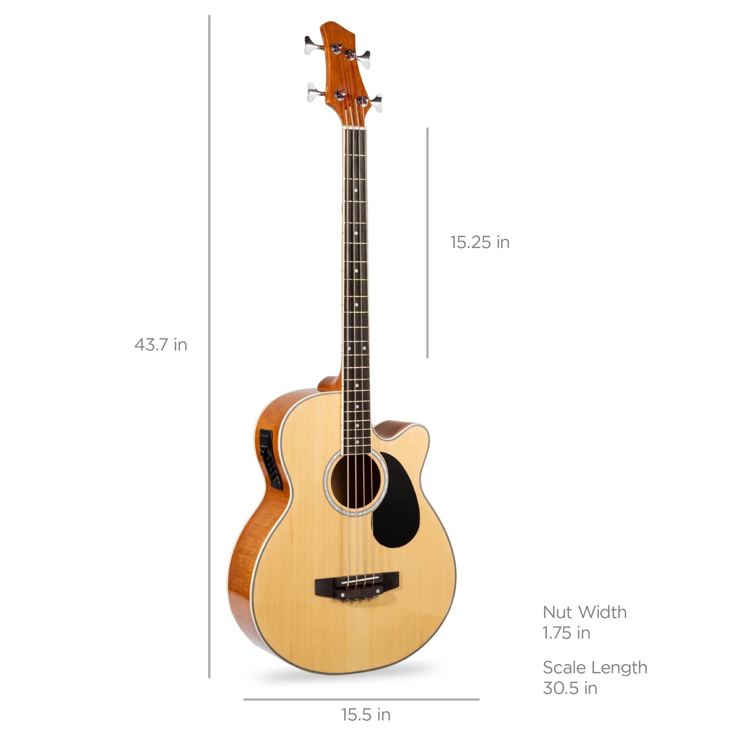 22-Fret Full Size Acoustic Electric Bass Guitar W/ 4-Band Equalizer, Truss Rod - Natural