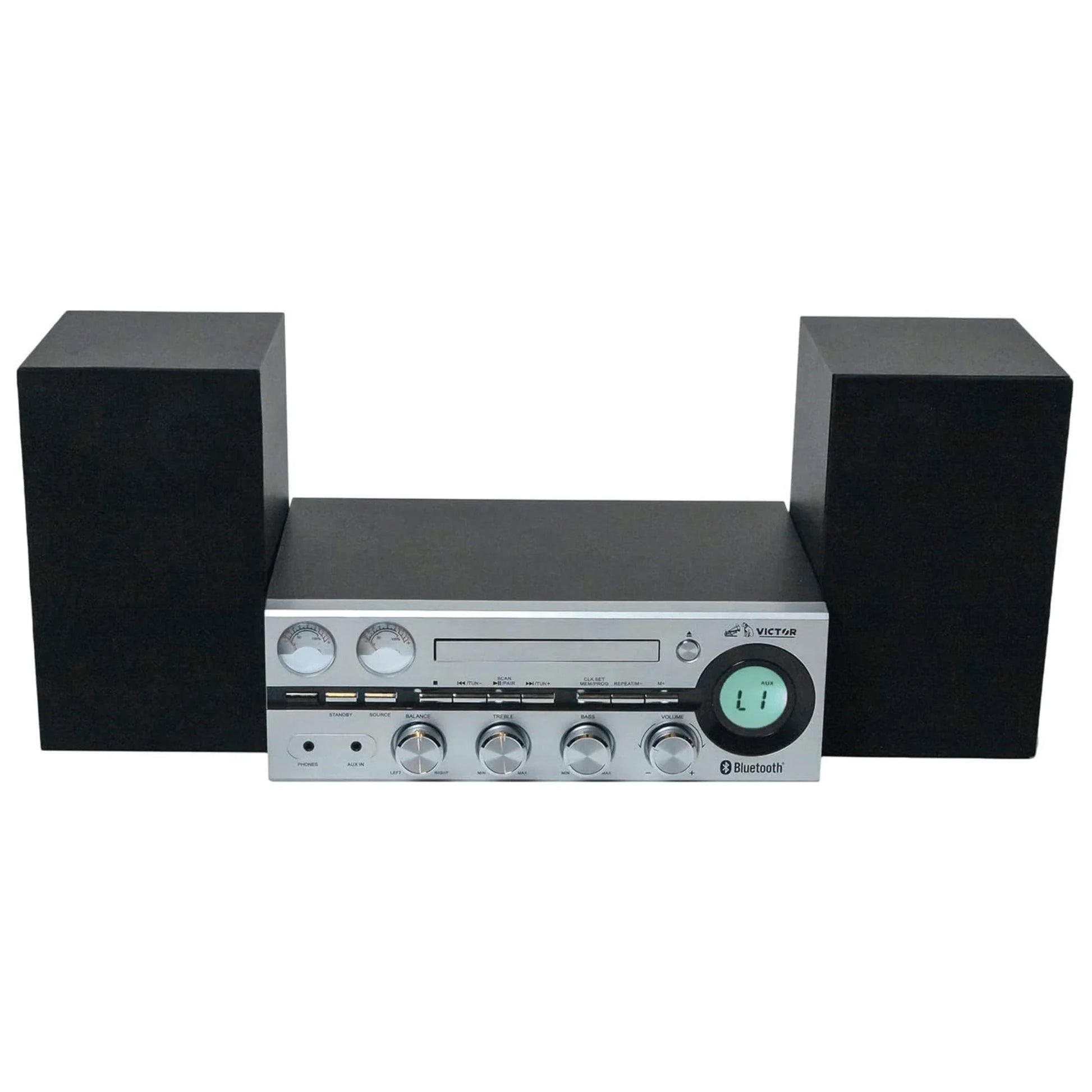 Victor Milwaukee 50W Desktop CD Stereo System W Bluetooth, CD Player & FM Radio