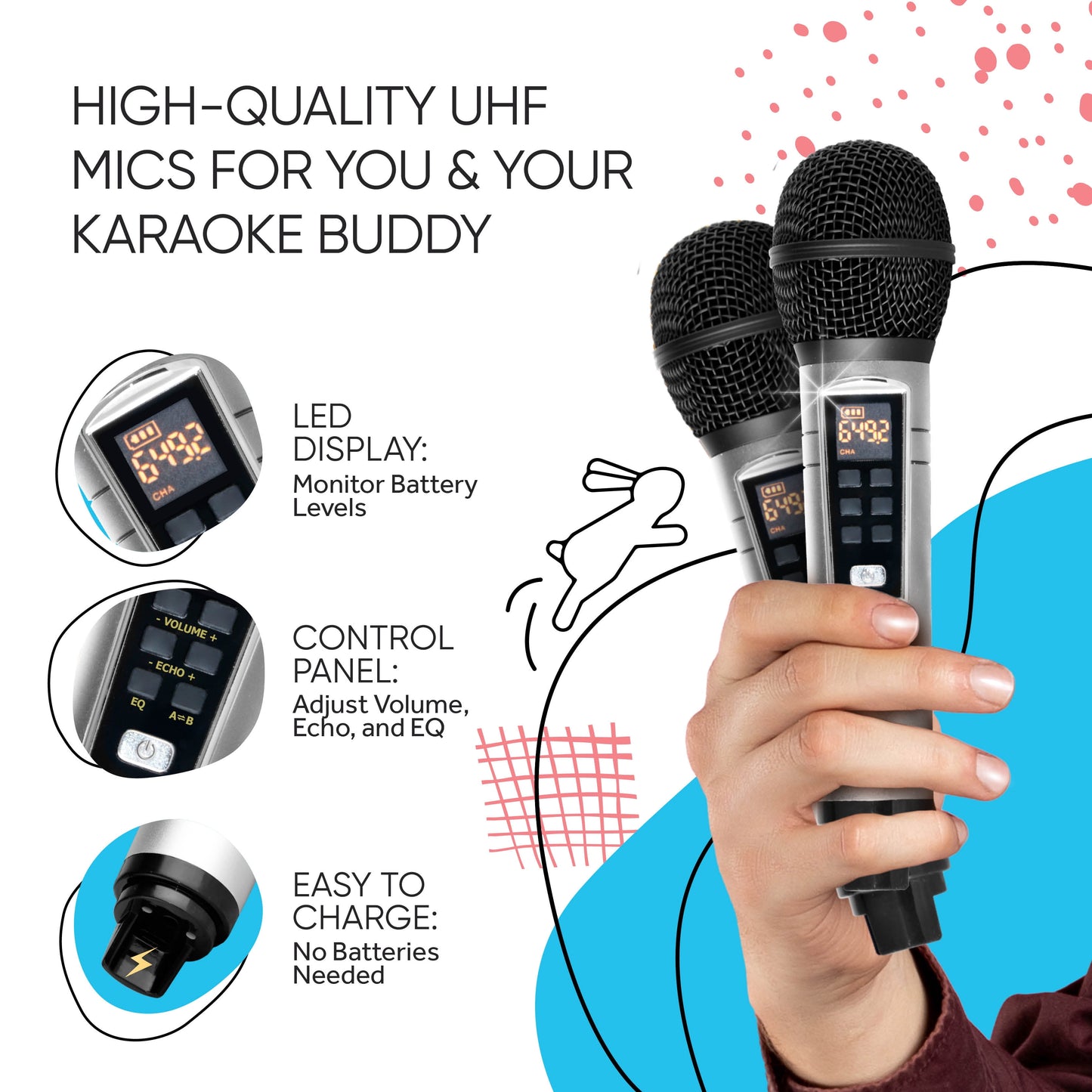 Rabbit Karaoke Machine for Kids, Children and Toddlers with 2 Wireless Bluetooth Microphones, Portable PA Speaker System Includes Lyrics Display Phone Holder, TV Cable and Singer Vocal Removal Mode