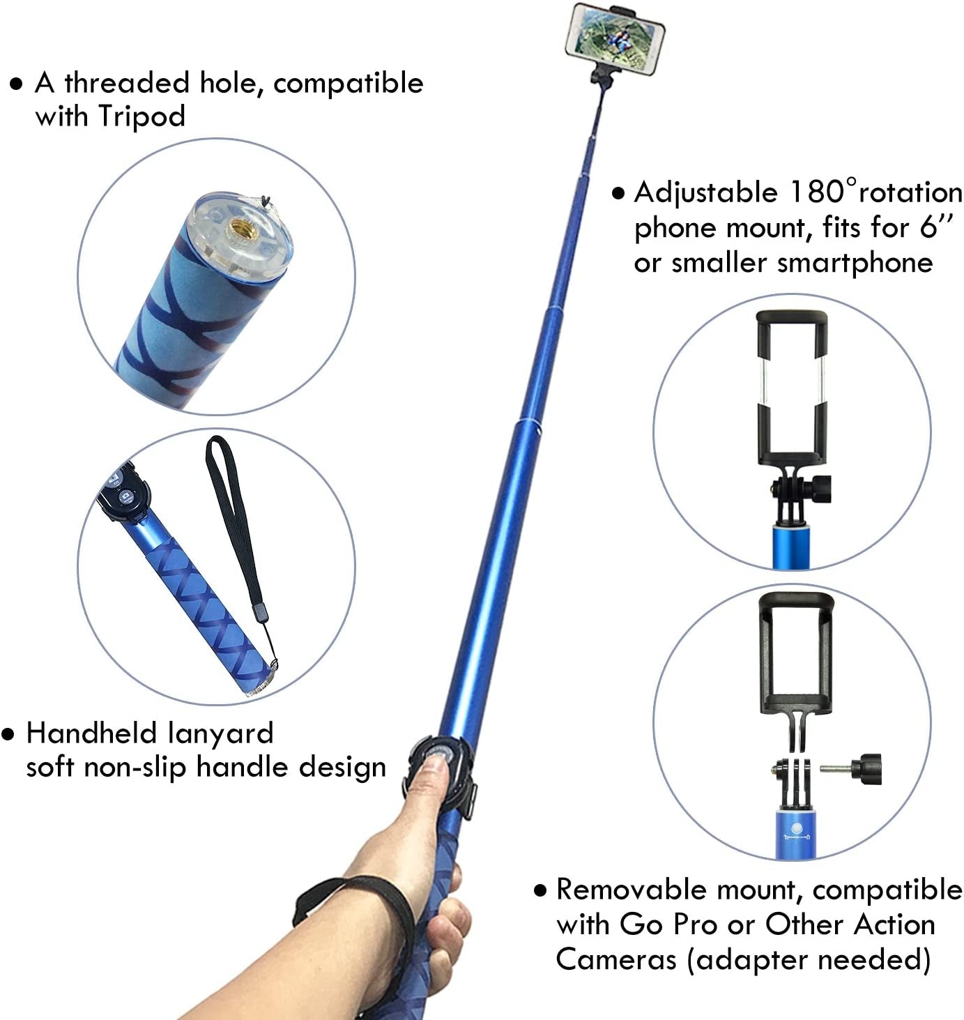 Bluetooth Long Selfie Stick- Super Length Lightweight Extendable Pole to 118''