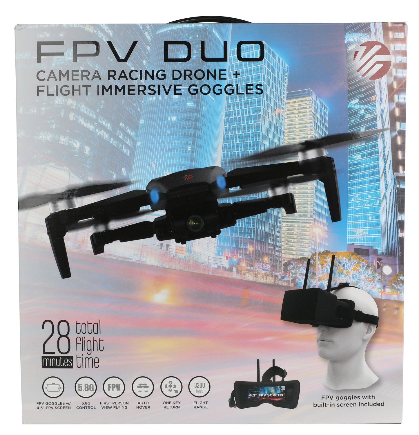 FPV Duo Racing Drone with Goggles and GPS, Black