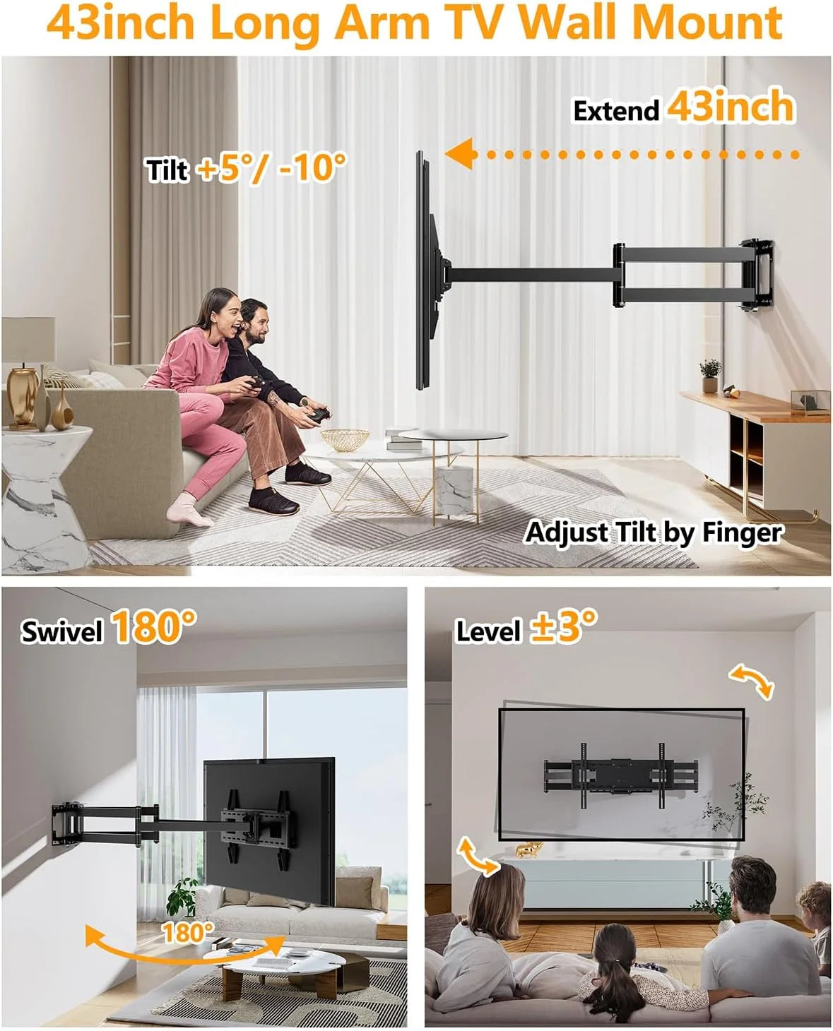 Long Extension TV Mount, Dual Articulating Arm Full Motion Wall Mount TV Bracket with 43 Inch Long Arm, Fits 50 to 90 Inch Flat/Curve Tvs, Holds up to 132 Lbs, Max. 600X400Mm