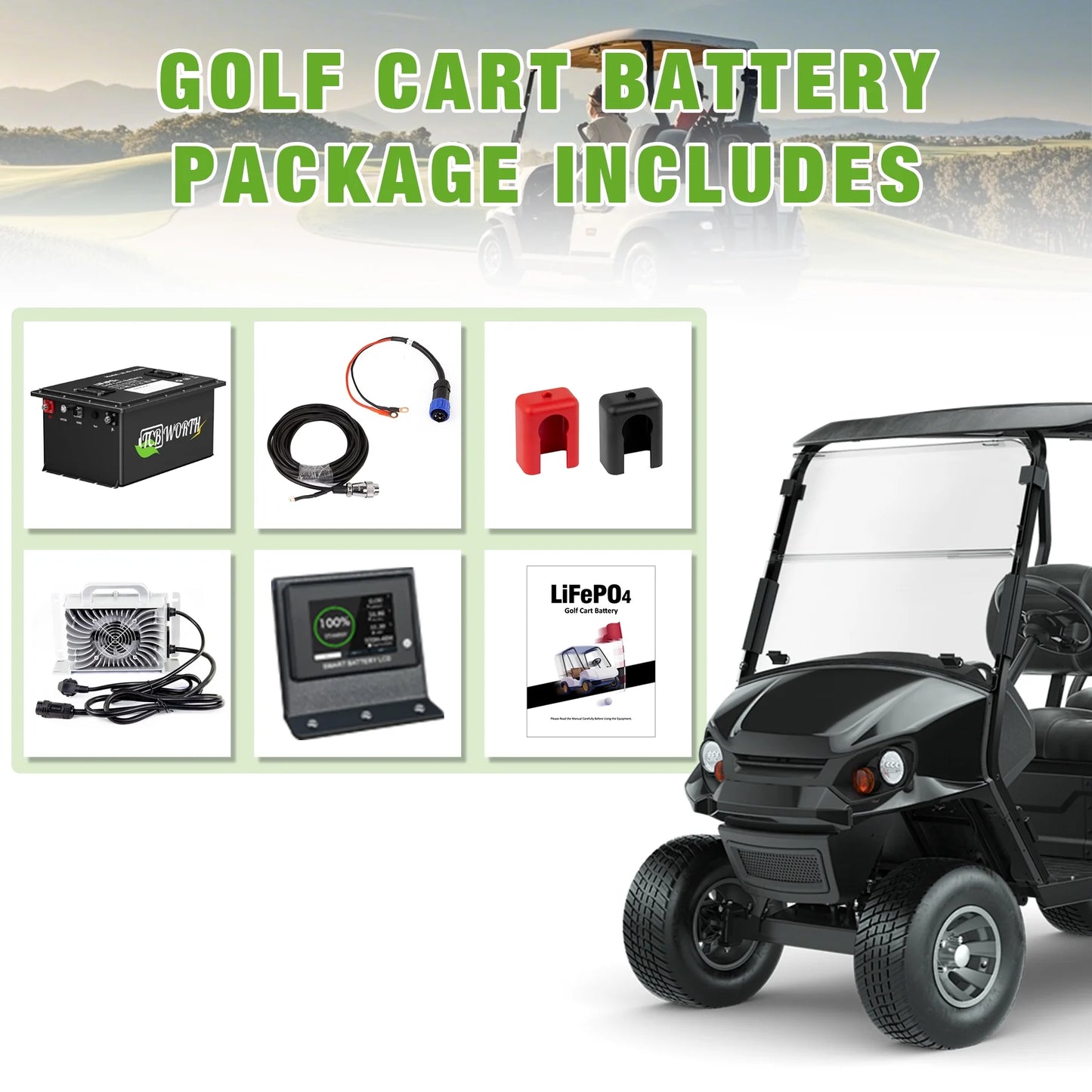 36V 105AH Golf Carts Lifepo4 Lithium Battery Bluetooth,With Monitor APP and 20A Charger,15000+Deep Cycles,Built in 200A BMS