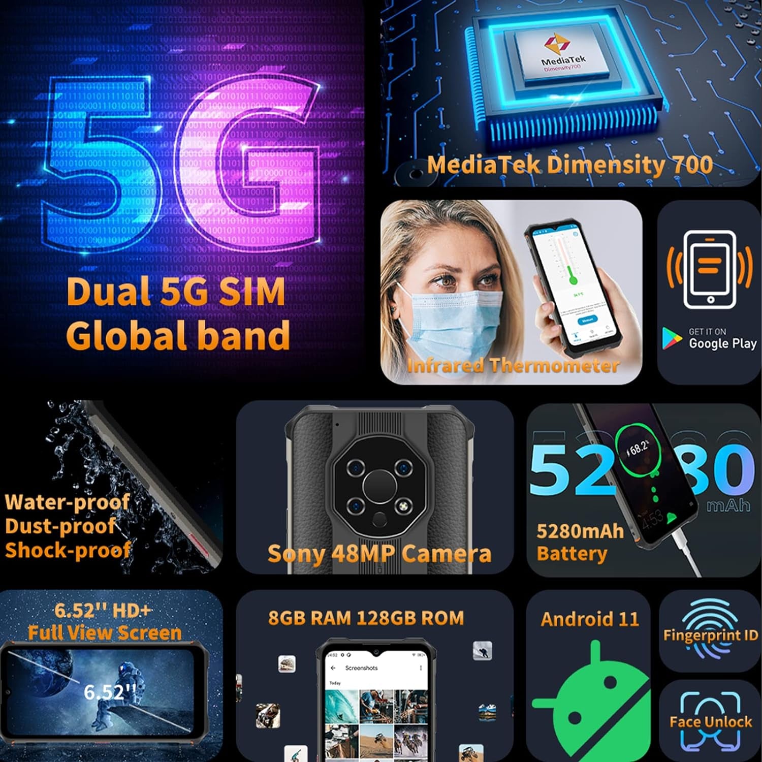 WP13 5G Rugged Cell Phones Unlocked,Rugged Smartphone Temperature Sensor 128GB ROM+8GB RAM 5280Mah Battery 48MP Triple Cameras 6.52-Inch Screen Nfc+Google Pay Global Version