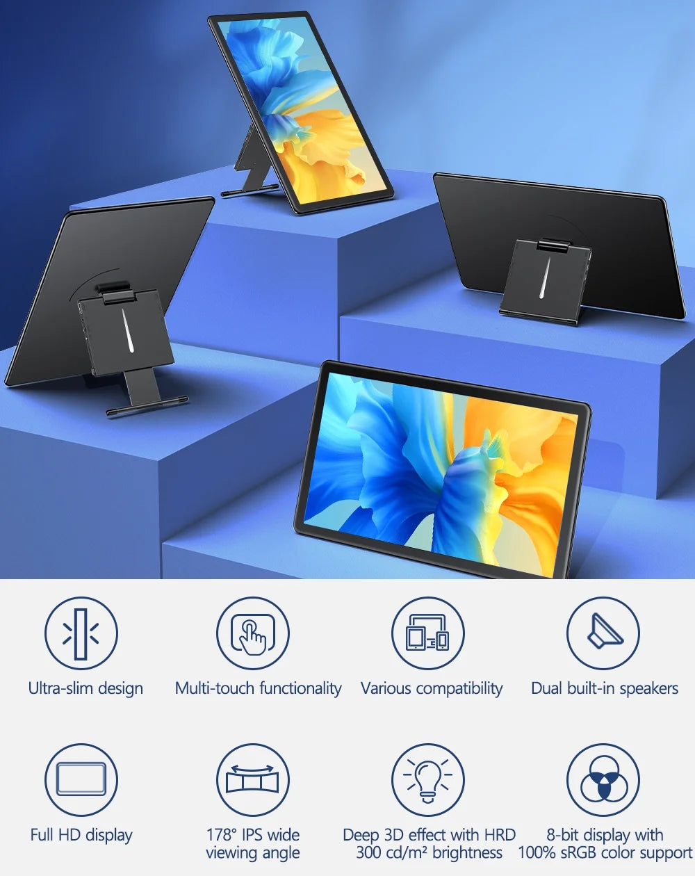 15.6" Portable Monitor Touchscreen W/ Kickstand, 2000:1 Contrast Ratio 1080P FHD Screen - Unify Y - Vertical Monitor