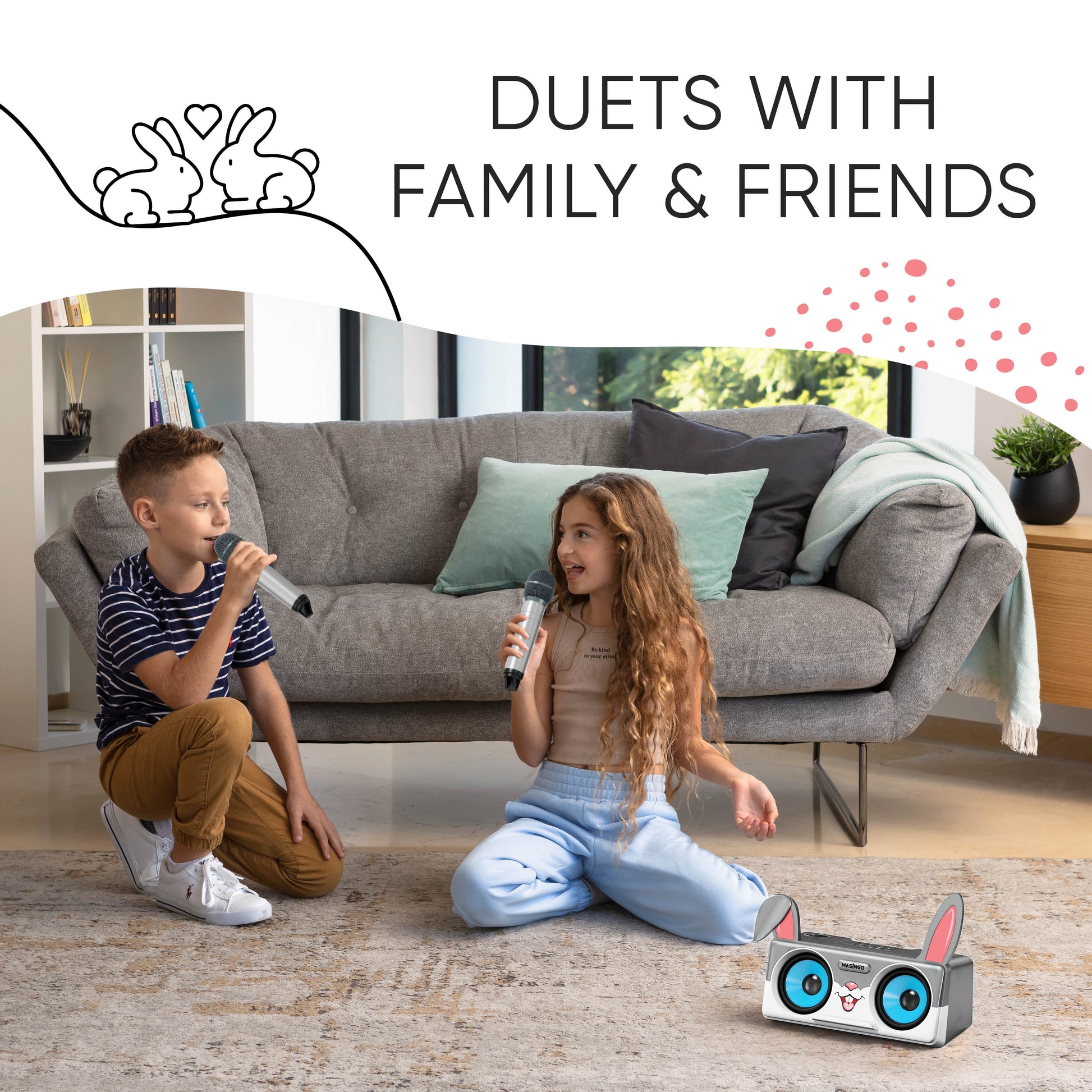 Rabbit Karaoke Machine for Kids, Children and Toddlers with 2 Wireless Bluetooth Microphones, Portable PA Speaker System Includes Lyrics Display Phone Holder, TV Cable and Singer Vocal Removal Mode