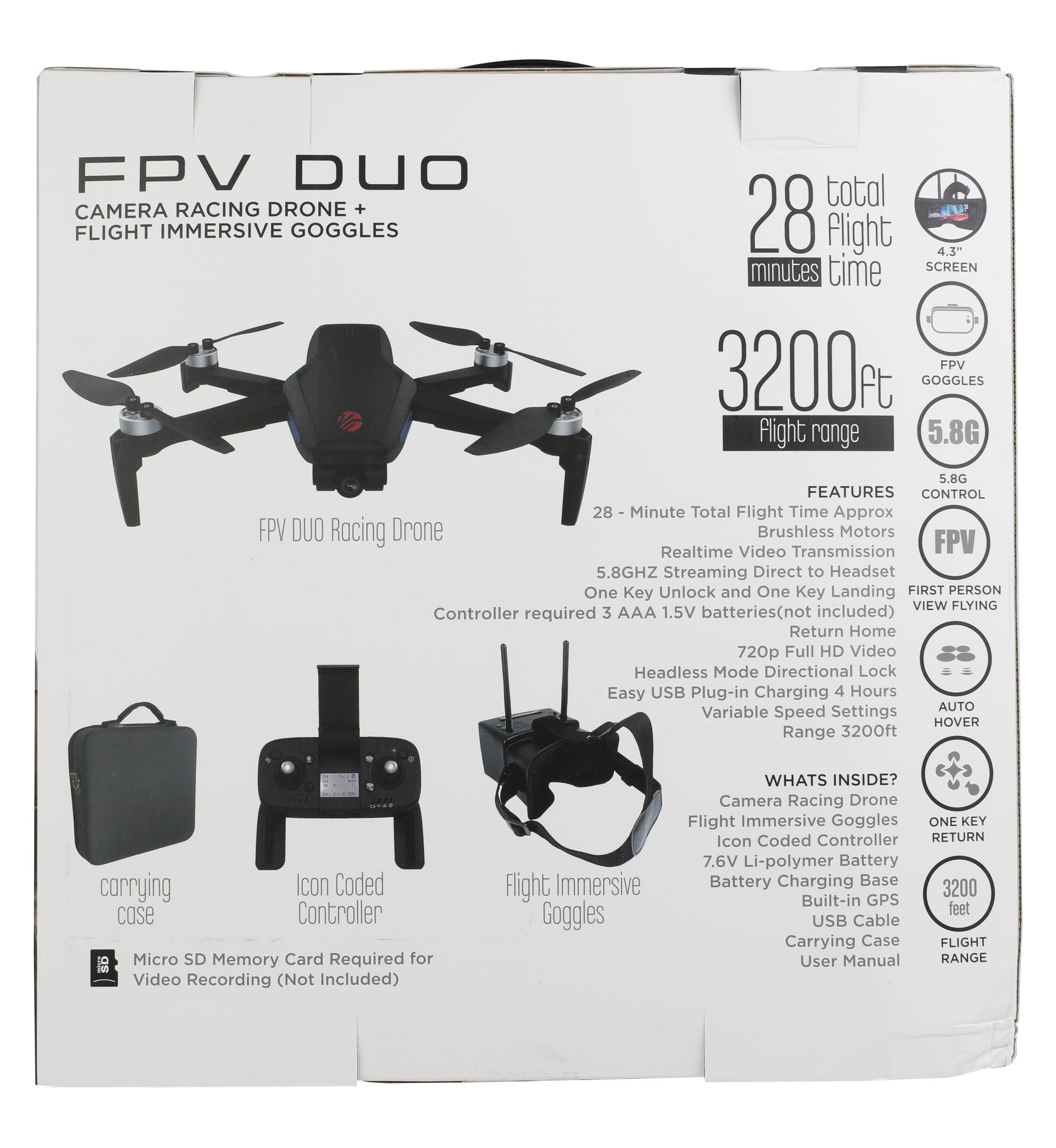FPV Duo Racing Drone with Goggles and GPS, Black