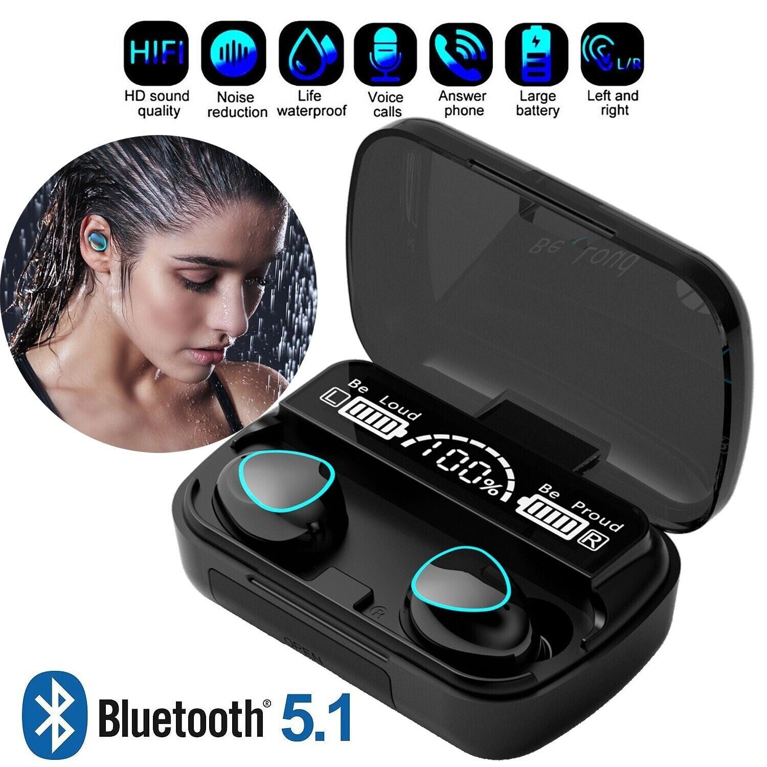 TWS Bluetooth Earbuds Waterproof Bluetooth 5.1 Headset Noise Cancelling Wireless