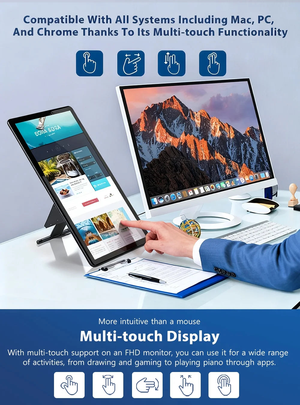 15.6" Portable Monitor Touchscreen W/ Kickstand, 2000:1 Contrast Ratio 1080P FHD Screen - Unify Y - Vertical Monitor
