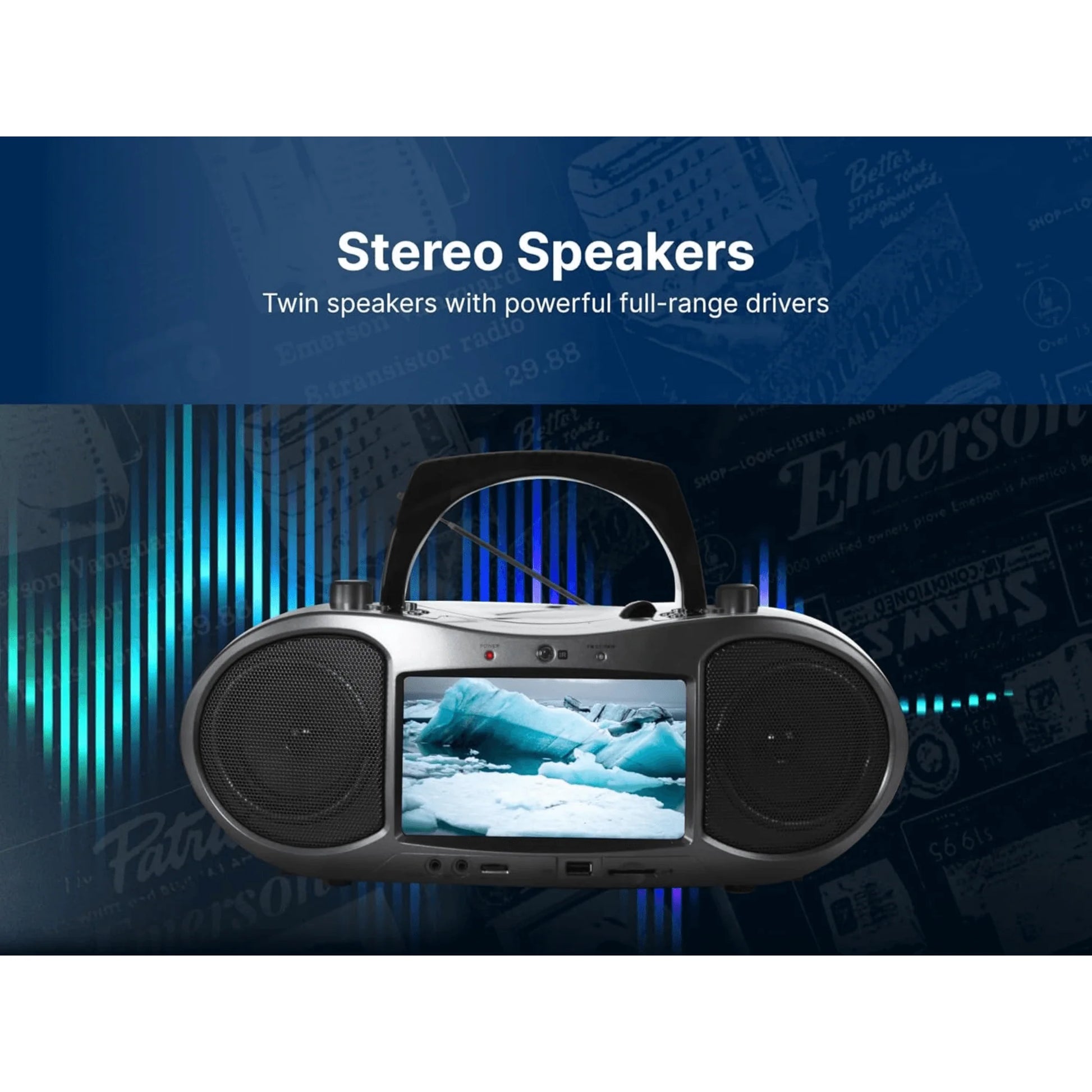 Emerson 7” Bluetooth DVD Boombox with HD-INPUT AM/FM Radio and Stereo Speakers