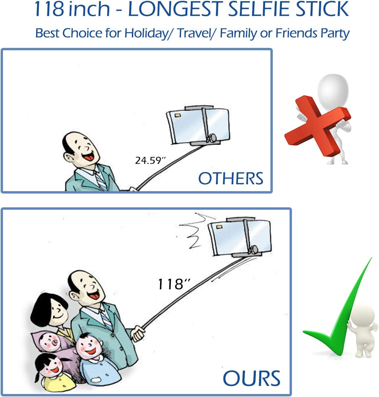 Bluetooth Long Selfie Stick- Super Length Lightweight Extendable Pole to 118''