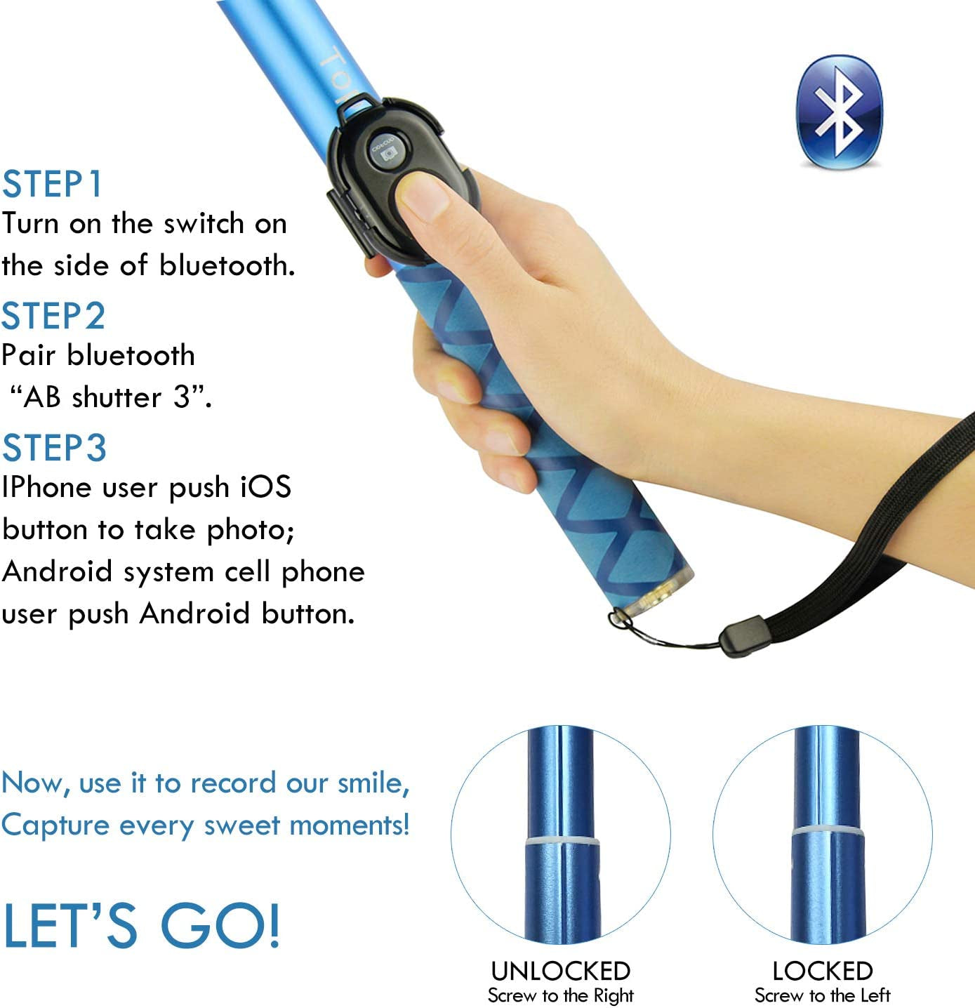 Bluetooth Long Selfie Stick- Super Length Lightweight Extendable Pole to 118''