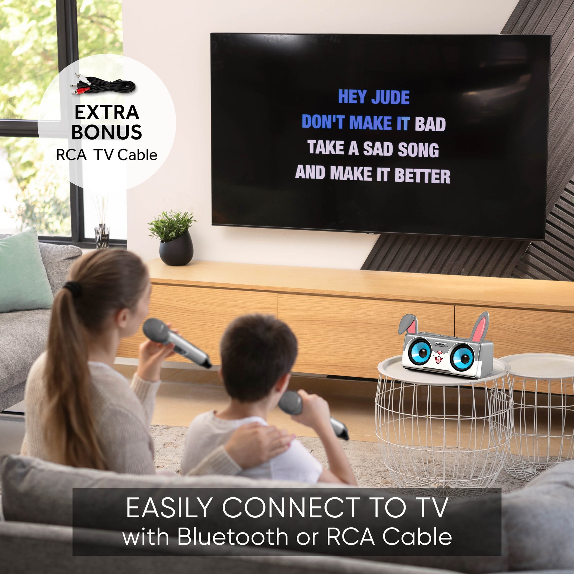Rabbit Karaoke Machine for Kids, Children and Toddlers with 2 Wireless Bluetooth Microphones, Portable PA Speaker System Includes Lyrics Display Phone Holder, TV Cable and Singer Vocal Removal Mode