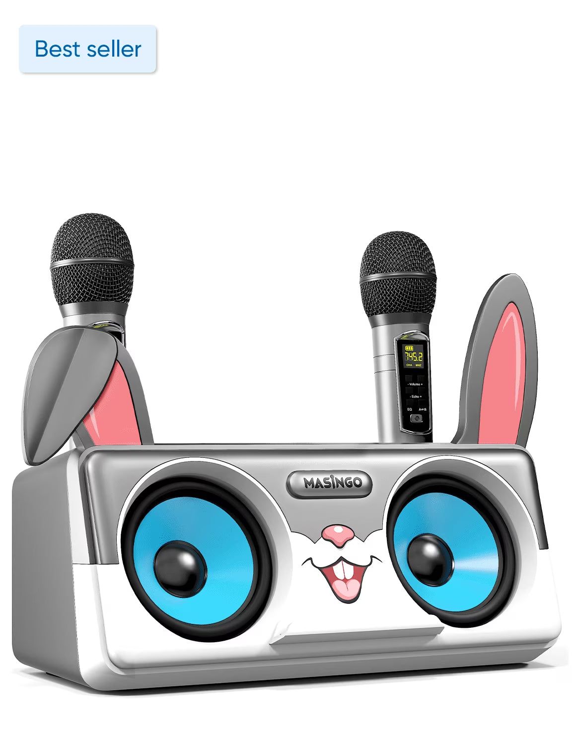 Rabbit Karaoke Machine for Kids, Children and Toddlers with 2 Wireless Bluetooth Microphones, Portable PA Speaker System Includes Lyrics Display Phone Holder, TV Cable and Singer Vocal Removal Mode