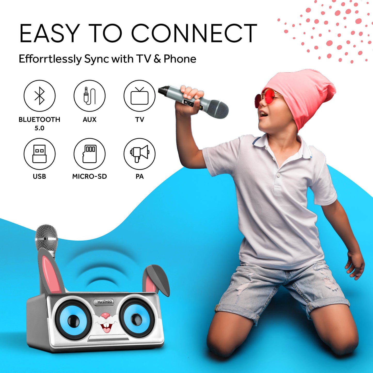 Rabbit Karaoke Machine for Kids, Children and Toddlers with 2 Wireless Bluetooth Microphones, Portable PA Speaker System Includes Lyrics Display Phone Holder, TV Cable and Singer Vocal Removal Mode