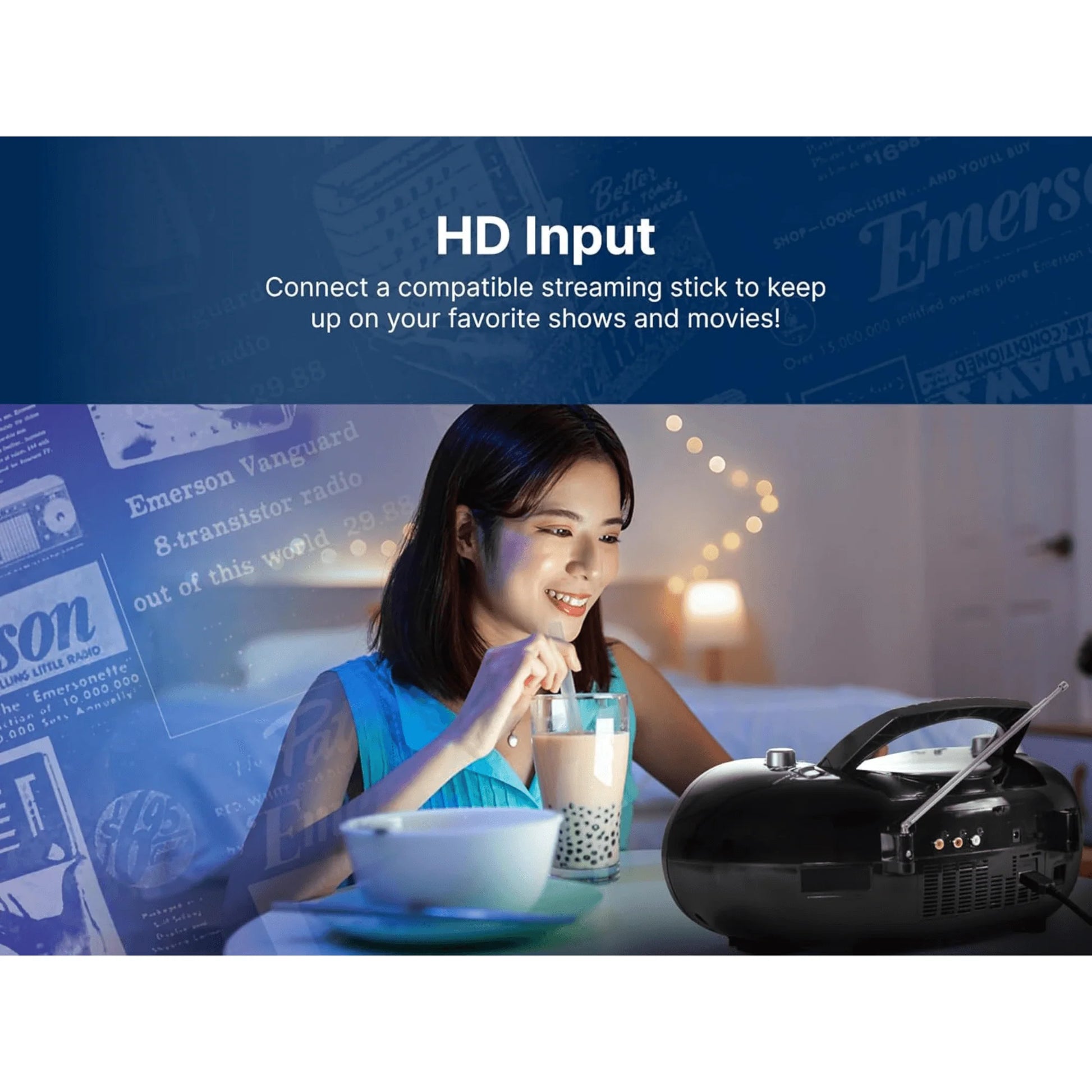 Emerson 7” Bluetooth DVD Boombox with HD-INPUT AM/FM Radio and Stereo Speakers