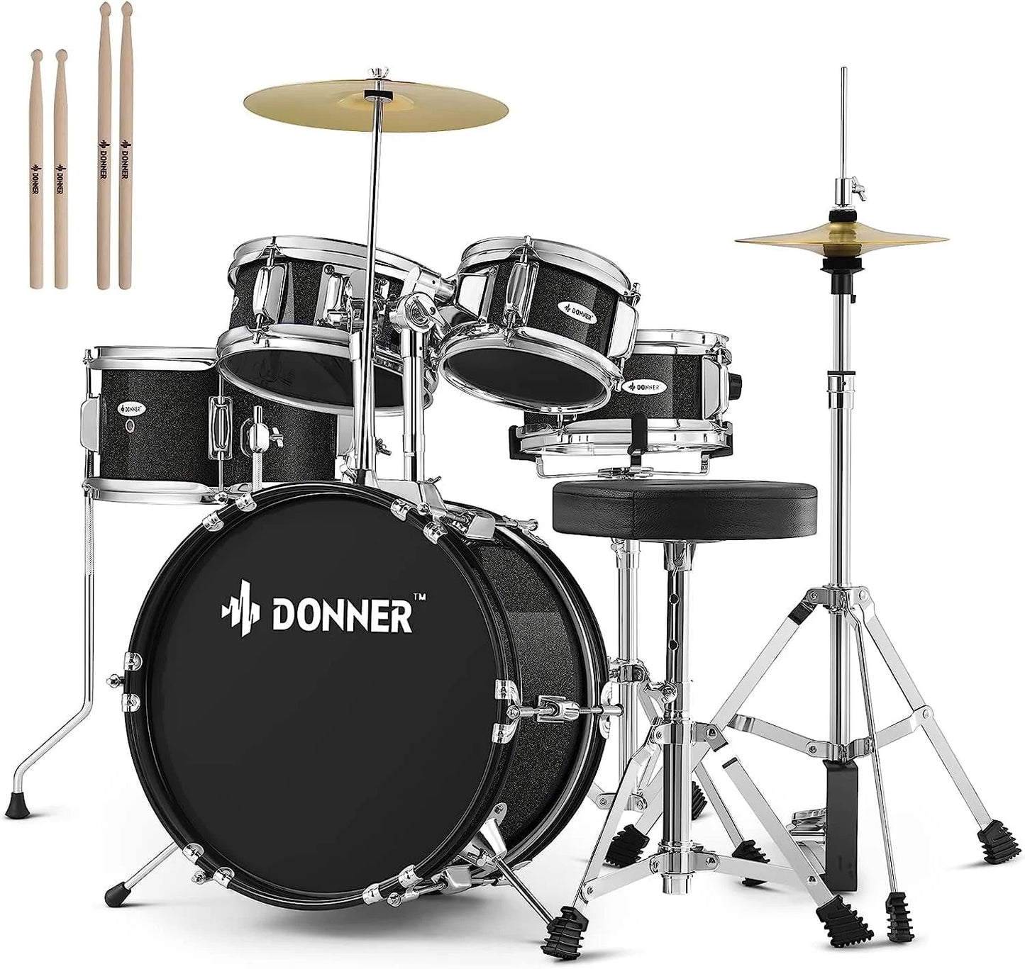 Kids Junior Drum Set for Beginner, 14" 5-Piece Percussion Instrument Practice Learning, Black