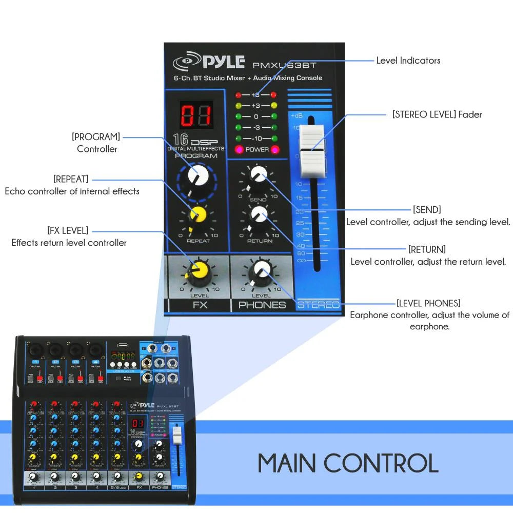 PMXU63BT - 6-Ch. Bluetooth Studio Mixer - DJ Controller Audio Mixing Console System