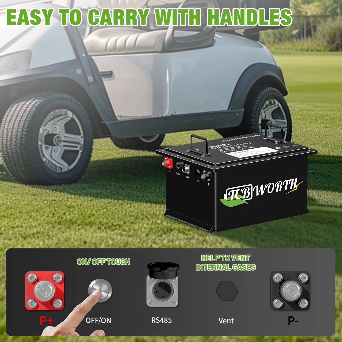 36V 105AH Golf Carts Lifepo4 Lithium Battery Bluetooth,With Monitor APP and 20A Charger,15000+Deep Cycles,Built in 200A BMS