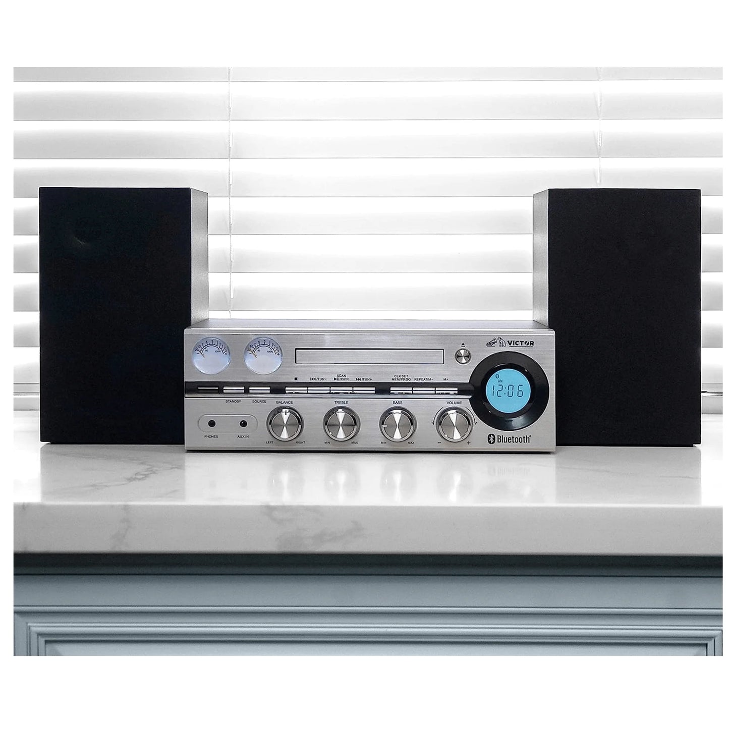 Victor Milwaukee 50W Desktop CD Stereo System W Bluetooth, CD Player & FM Radio
