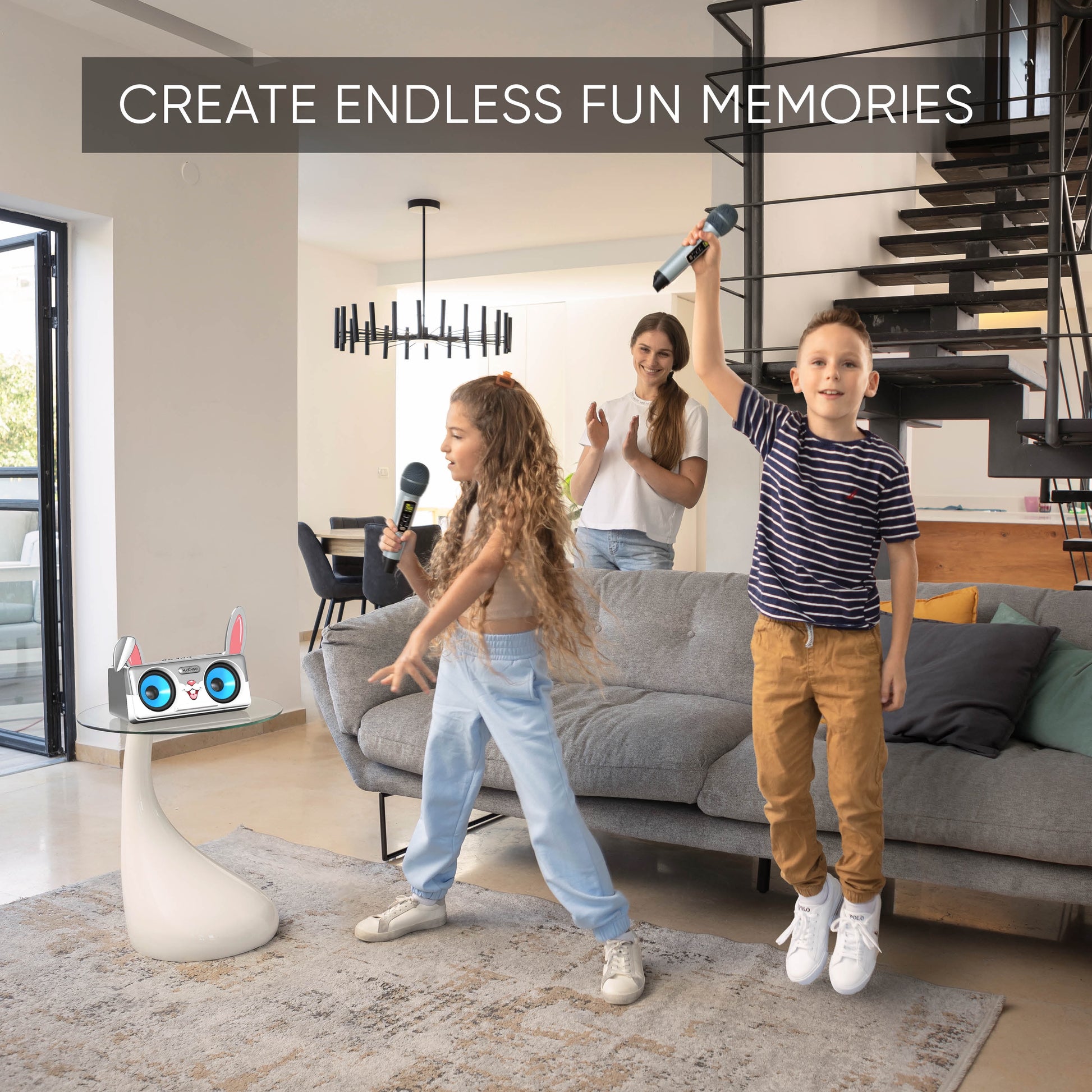 Rabbit Karaoke Machine for Kids, Children and Toddlers with 2 Wireless Bluetooth Microphones, Portable PA Speaker System Includes Lyrics Display Phone Holder, TV Cable and Singer Vocal Removal Mode