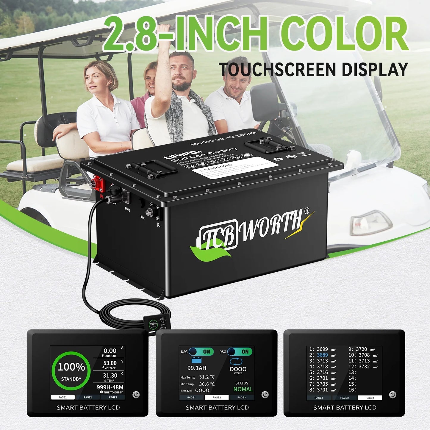36V 105AH Golf Carts Lifepo4 Lithium Battery Bluetooth,With Monitor APP and 20A Charger,15000+Deep Cycles,Built in 200A BMS