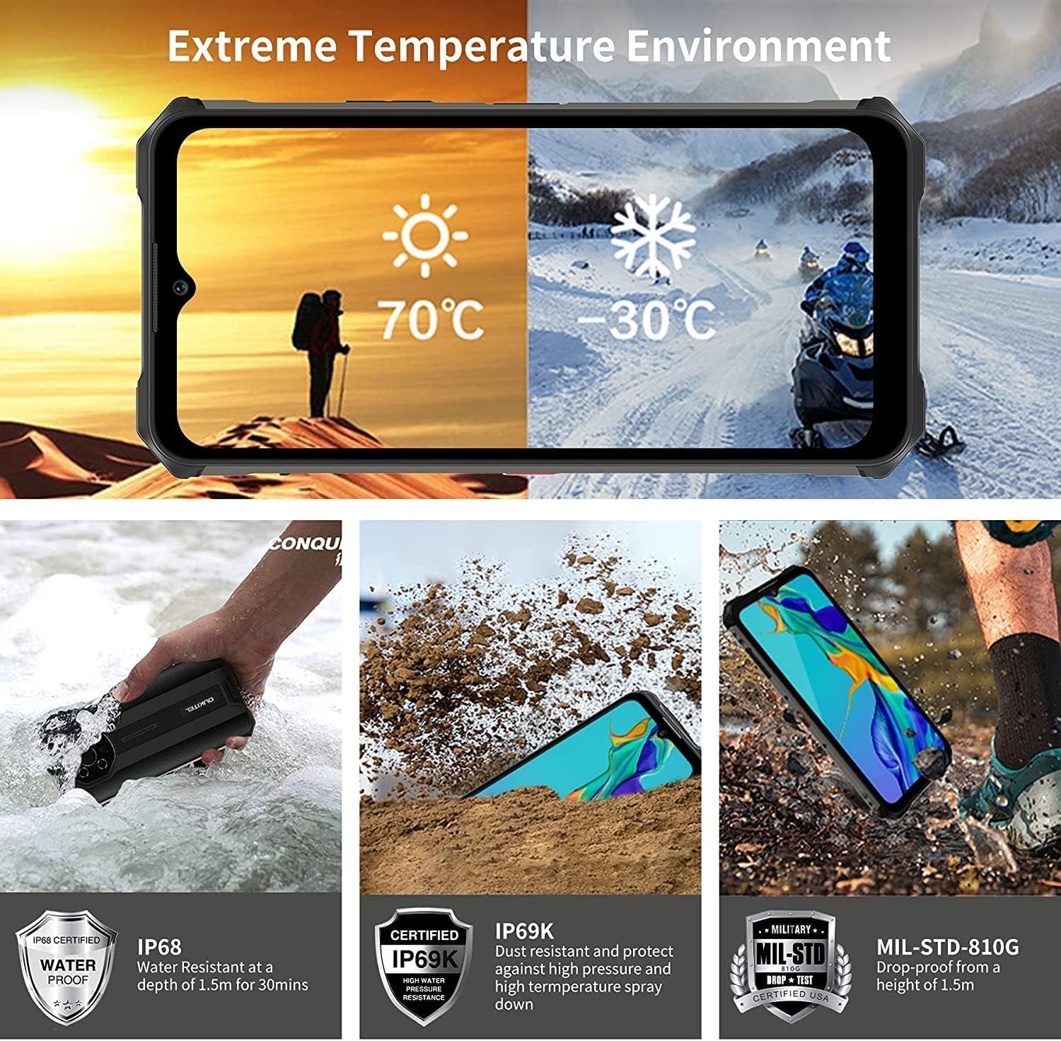 WP13 5G Rugged Cell Phones Unlocked,Rugged Smartphone Temperature Sensor 128GB ROM+8GB RAM 5280Mah Battery 48MP Triple Cameras 6.52-Inch Screen Nfc+Google Pay Global Version