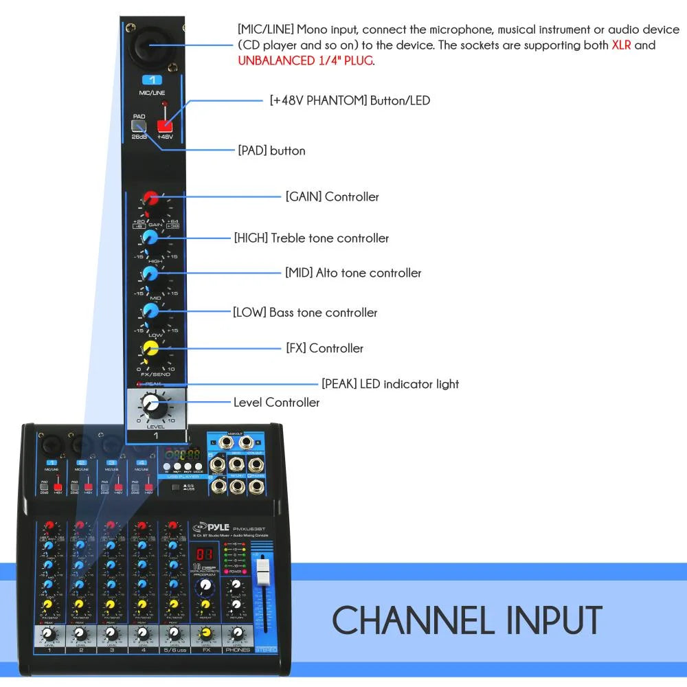 PMXU63BT - 6-Ch. Bluetooth Studio Mixer - DJ Controller Audio Mixing Console System