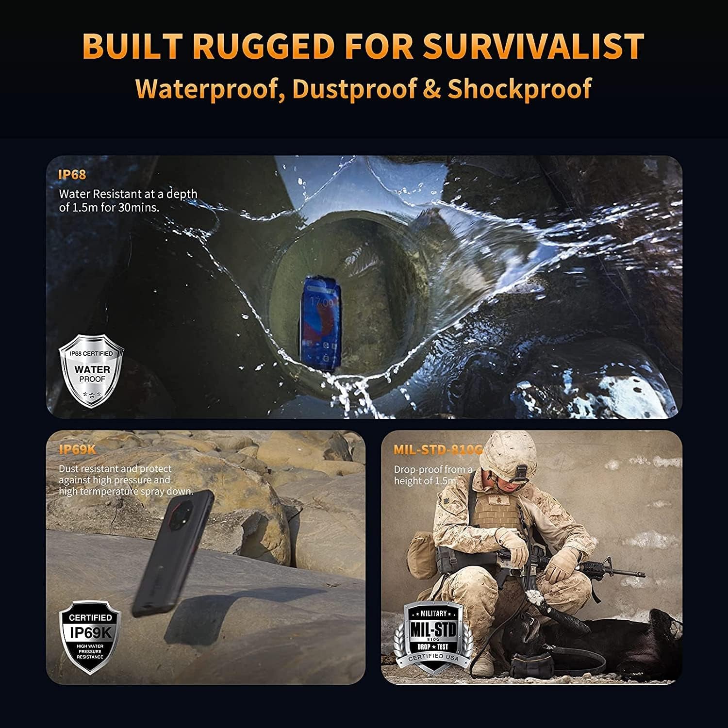 WP13 5G Rugged Cell Phones Unlocked,Rugged Smartphone Temperature Sensor 128GB ROM+8GB RAM 5280Mah Battery 48MP Triple Cameras 6.52-Inch Screen Nfc+Google Pay Global Version