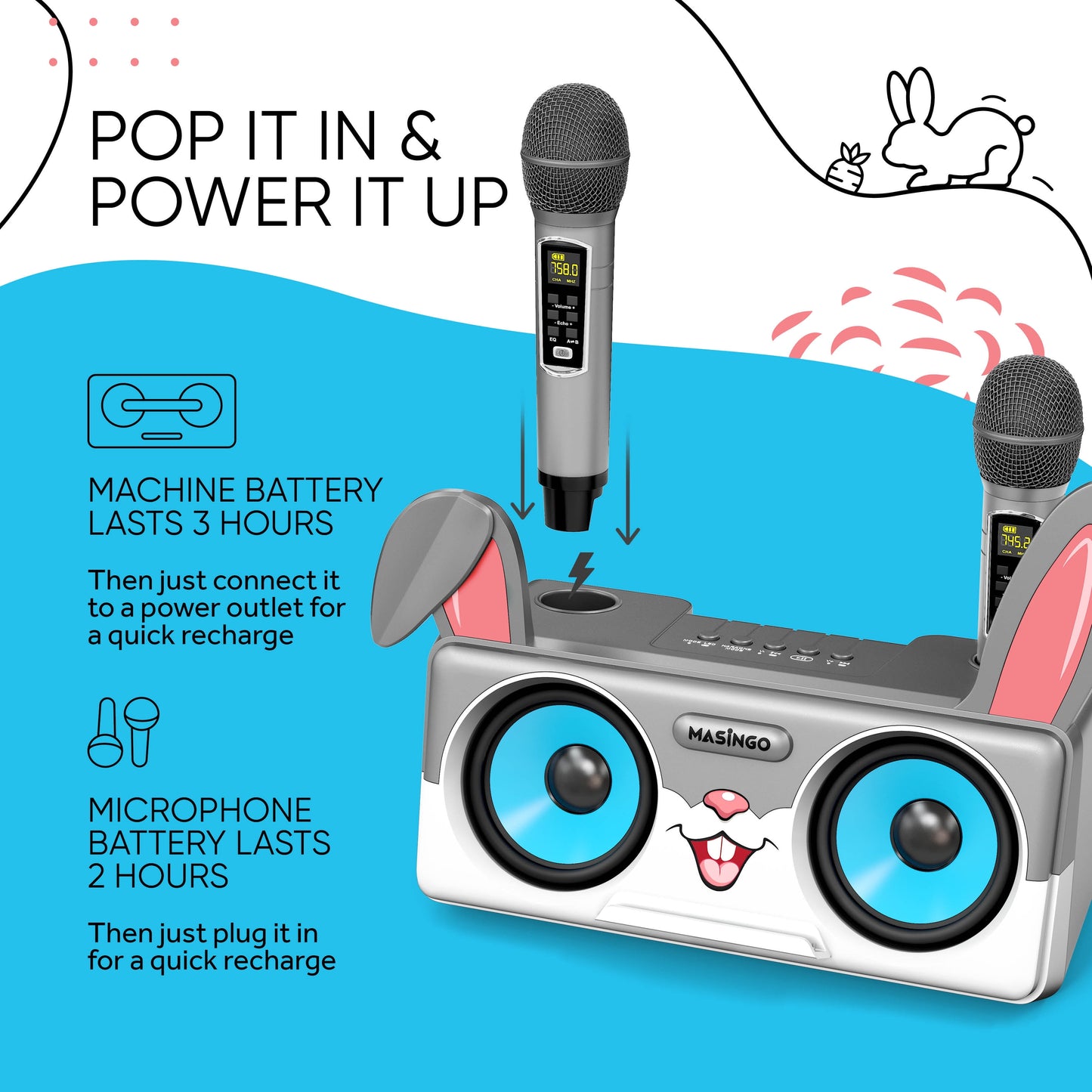 Rabbit Karaoke Machine for Kids, Children and Toddlers with 2 Wireless Bluetooth Microphones, Portable PA Speaker System Includes Lyrics Display Phone Holder, TV Cable and Singer Vocal Removal Mode