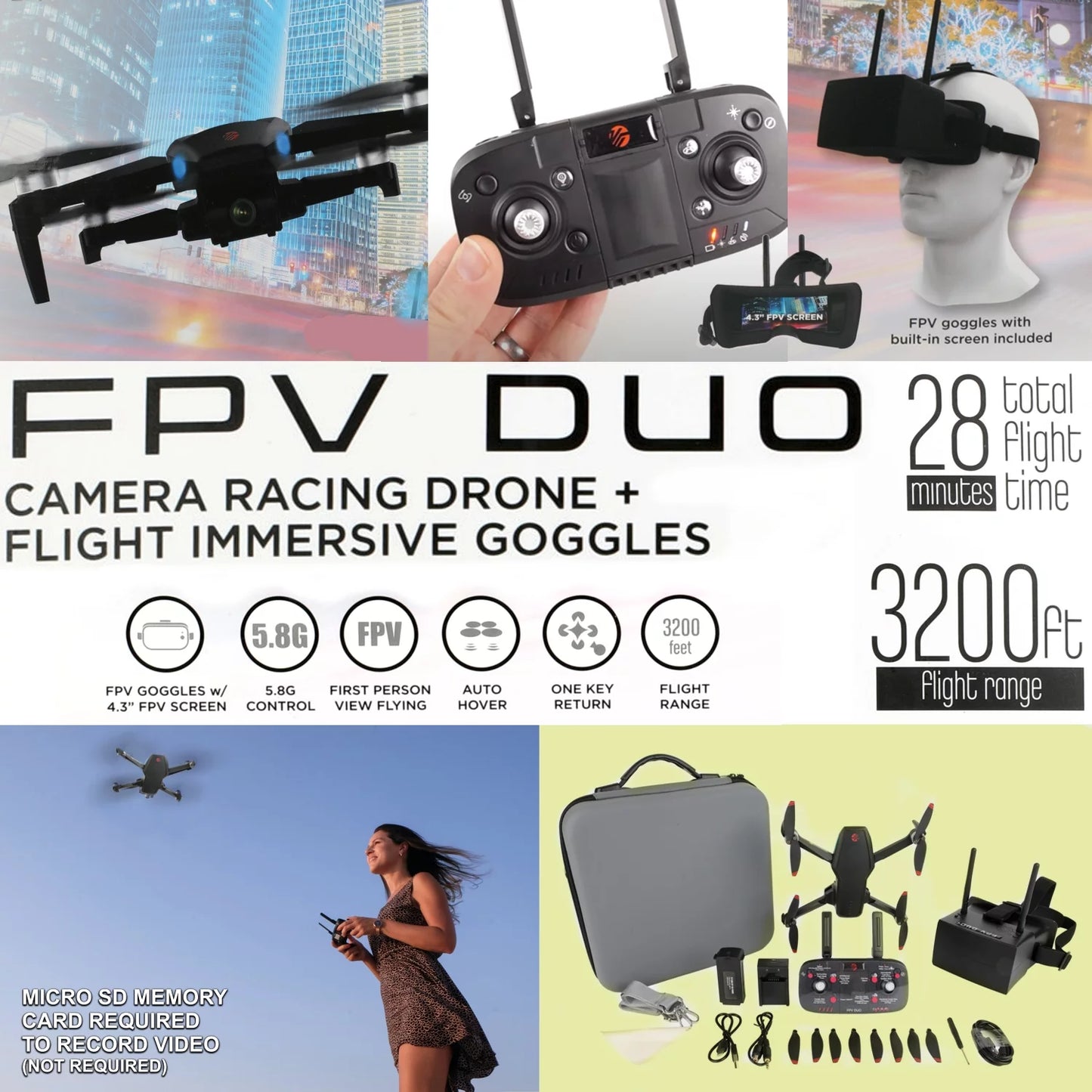 FPV Duo Racing Drone with Goggles and GPS, Black